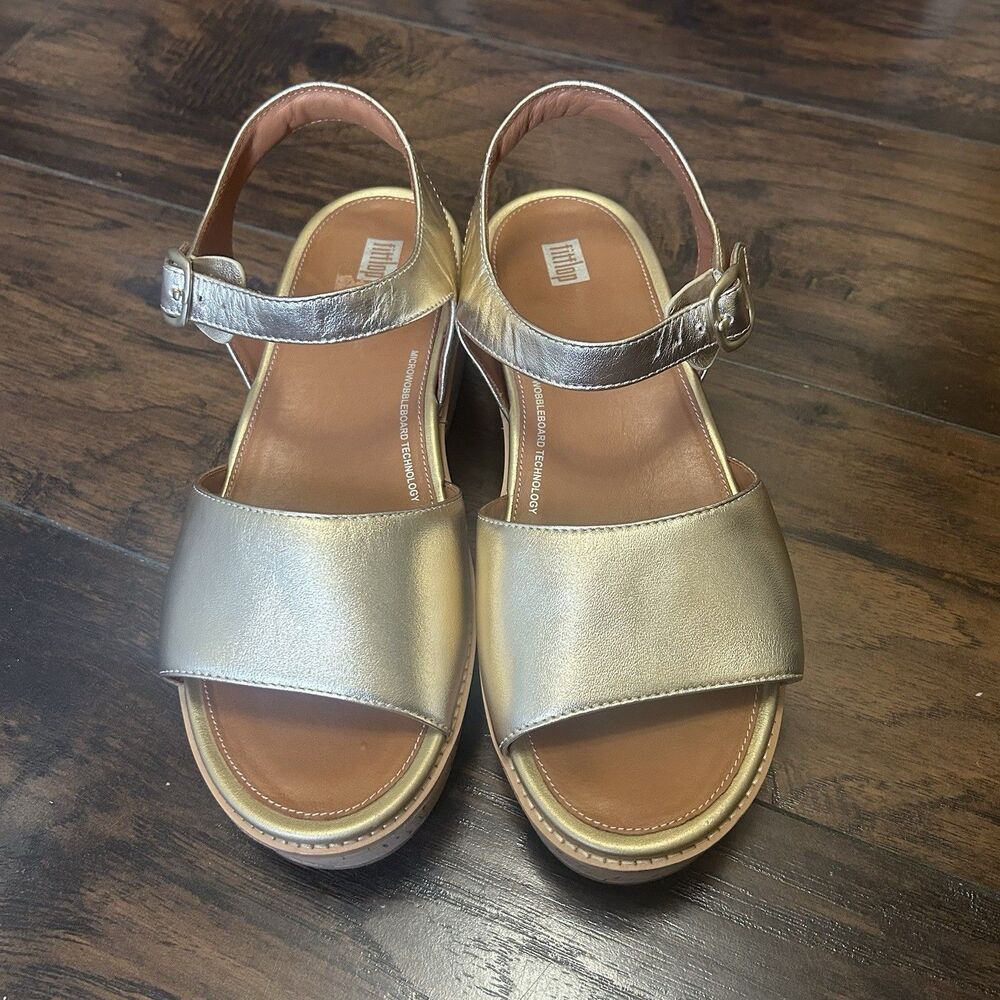 FitFlop Eloise Cork-Wrap Metallic Gold Leather Back-Strap Wedge Sandals Size 11
